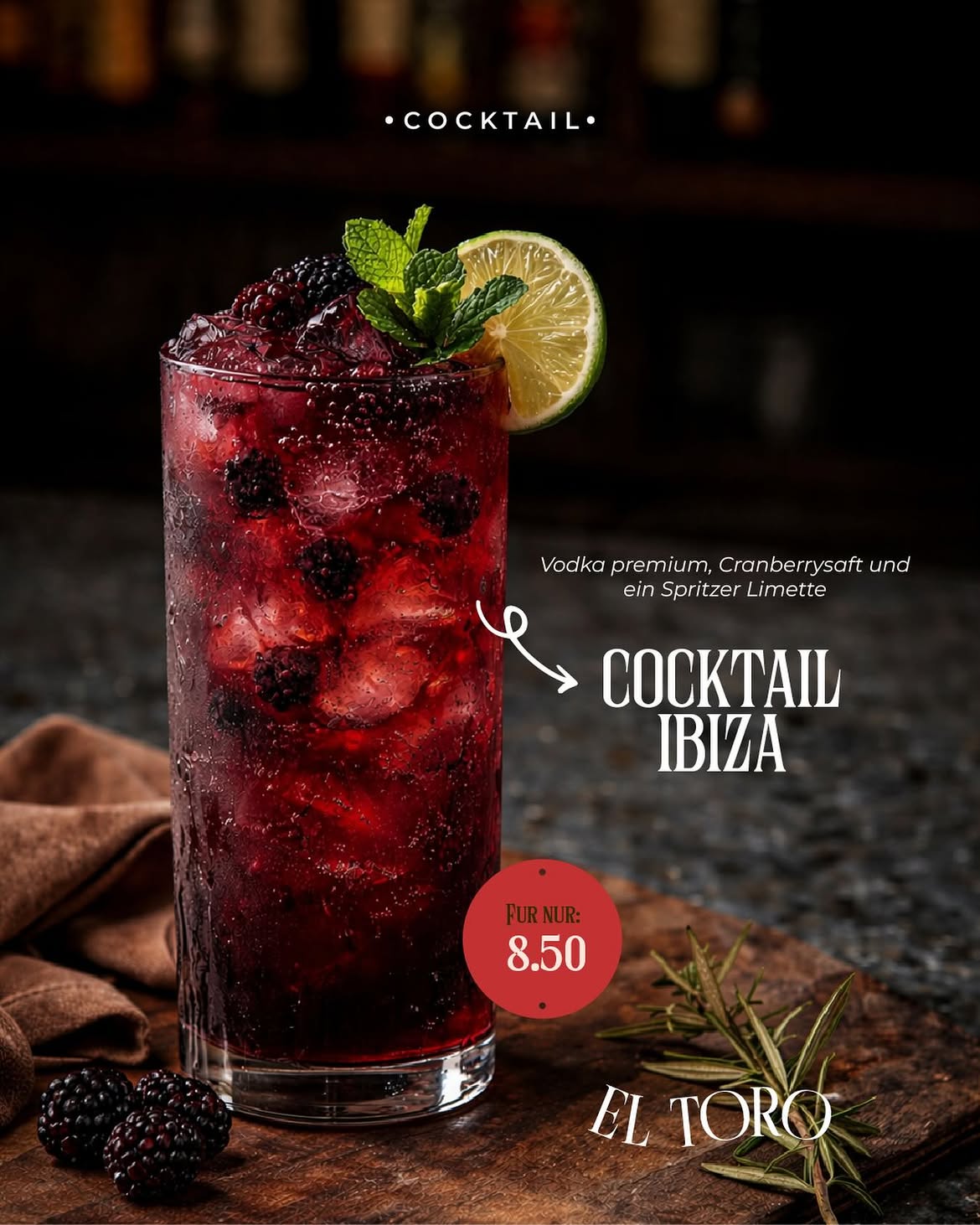 Cocktail Ibiza, Vodka, Cranberry und Limette